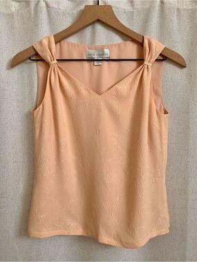 Petite Sophisticate 100% Silk Peach Knot-Shoulder V-Neck Tank Blouse 2 Vintage